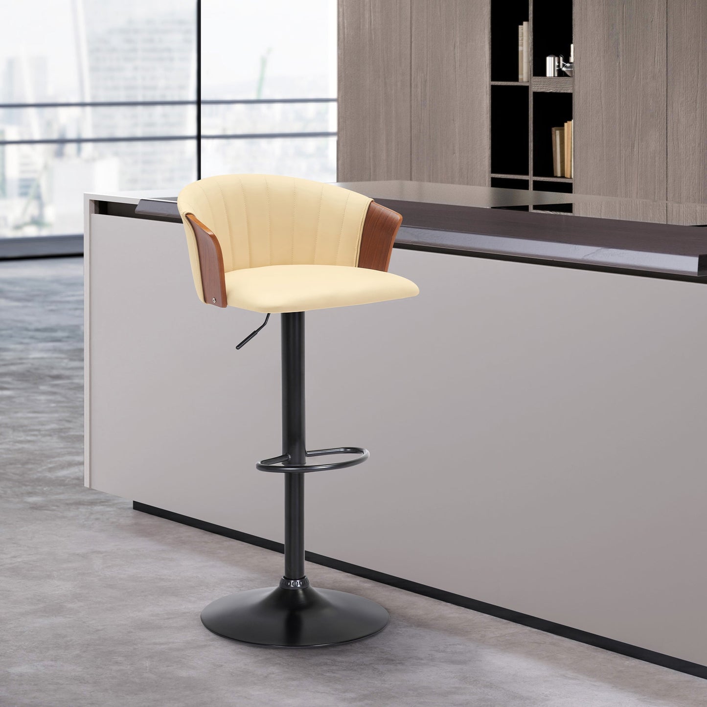 Lydia Adjustable Walnut Wood Bar Stool in Cream Faux Leather with Black Metal