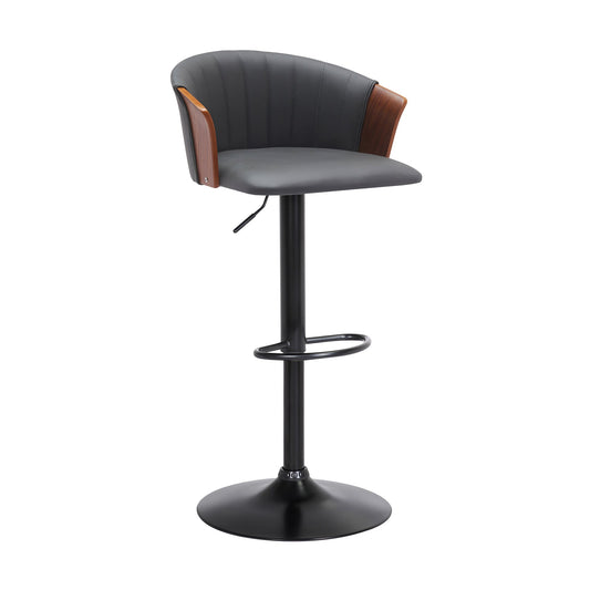 Lydia Adjustable Walnut Wood Bar Stool in Gray Faux Leather with Black Metal