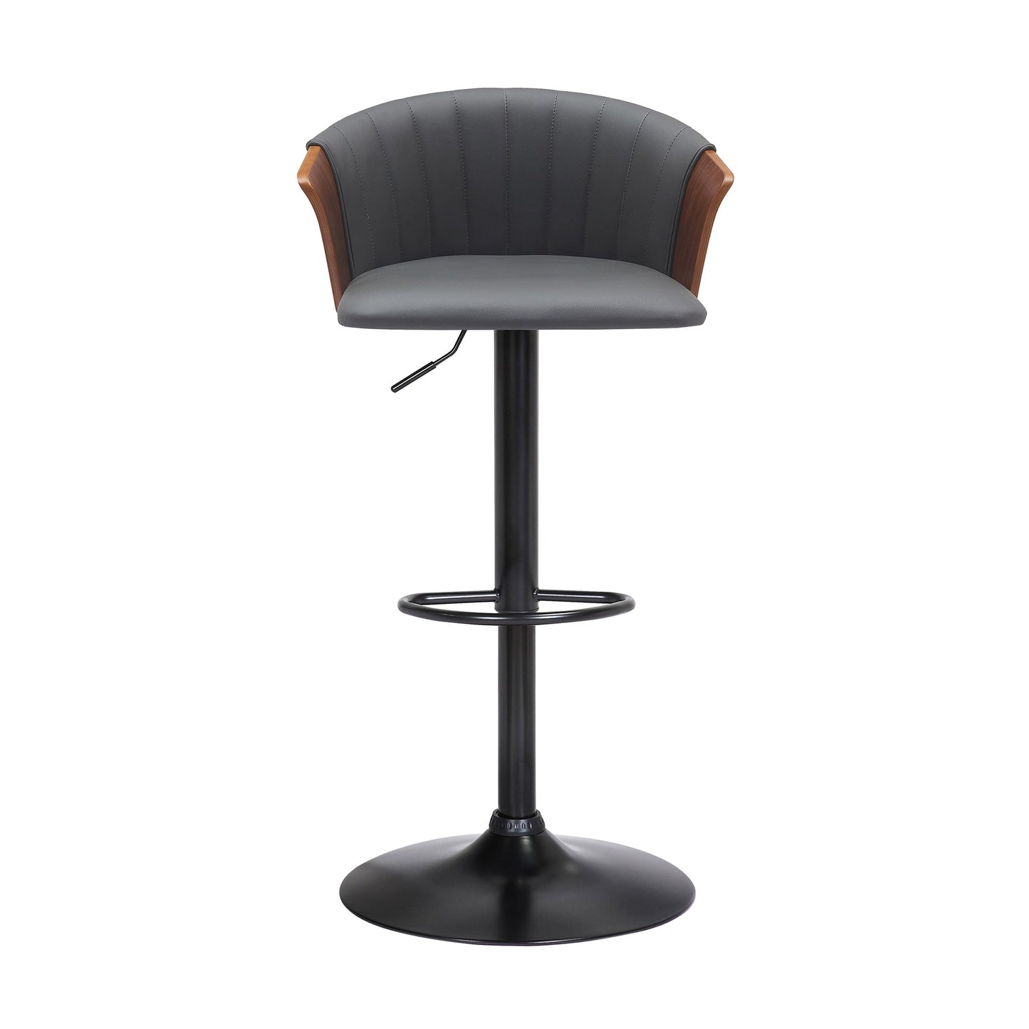 Lydia Adjustable Walnut Wood Bar Stool in Gray Faux Leather with Black Metal