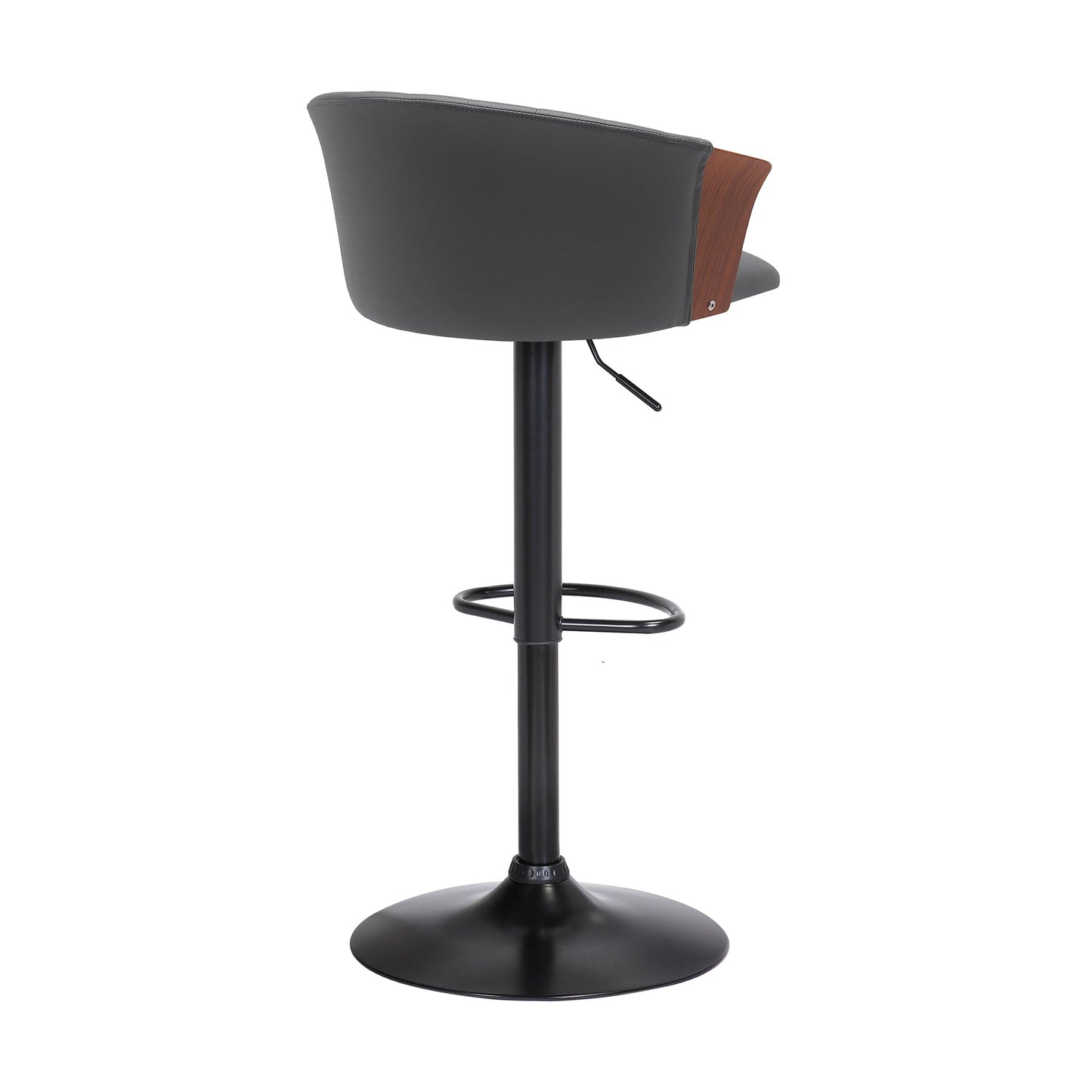 Lydia Adjustable Walnut Wood Bar Stool in Gray Faux Leather with Black Metal