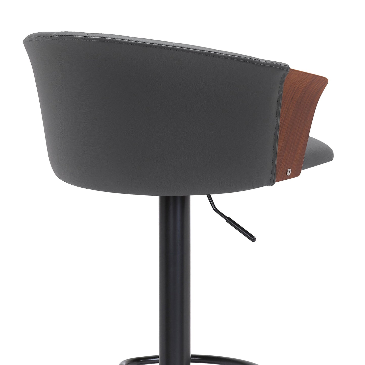 Lydia Adjustable Walnut Wood Bar Stool in Gray Faux Leather with Black Metal