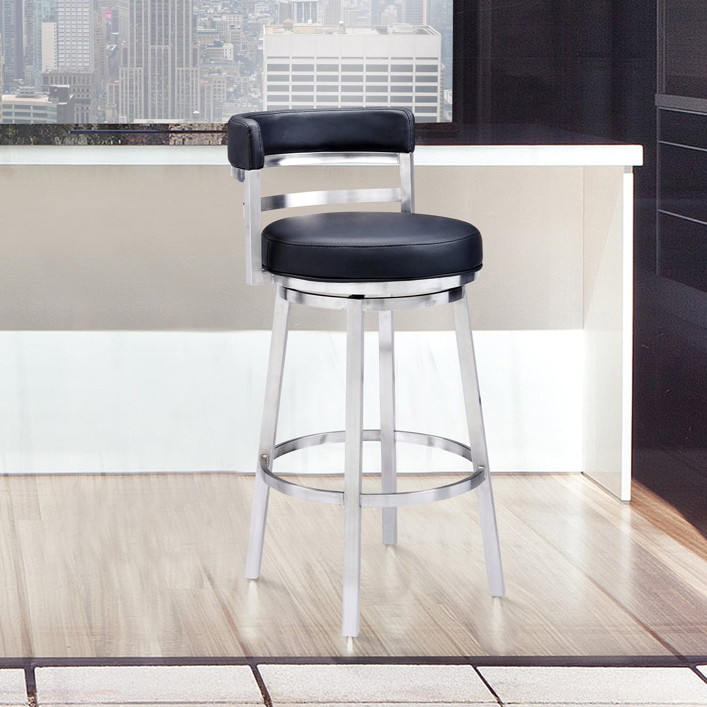 Madrid 30" Bar Height Swivel Black Faux Leather and Brushed Stainless Steel Bar Stool