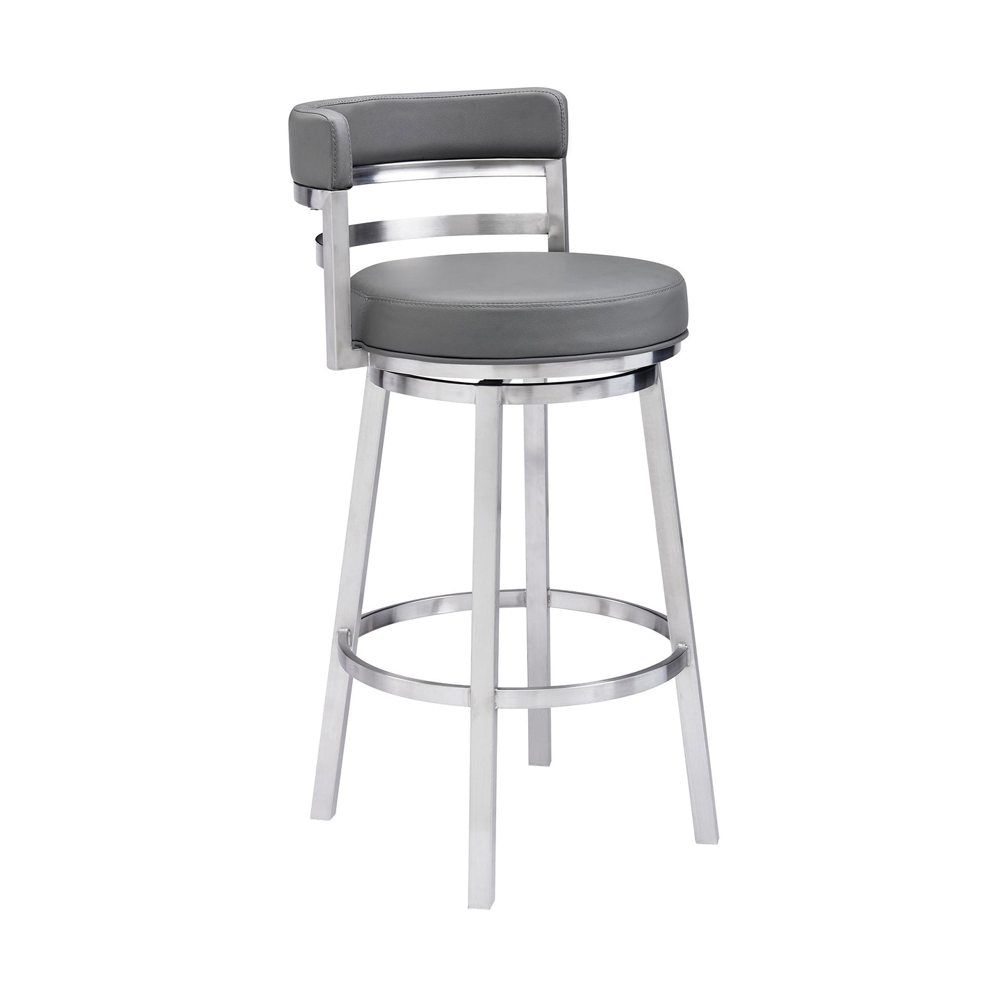 Madrid 26" Counter Height Swivel Gray Faux Leather and Brushed Stainless Steel Bar Stool