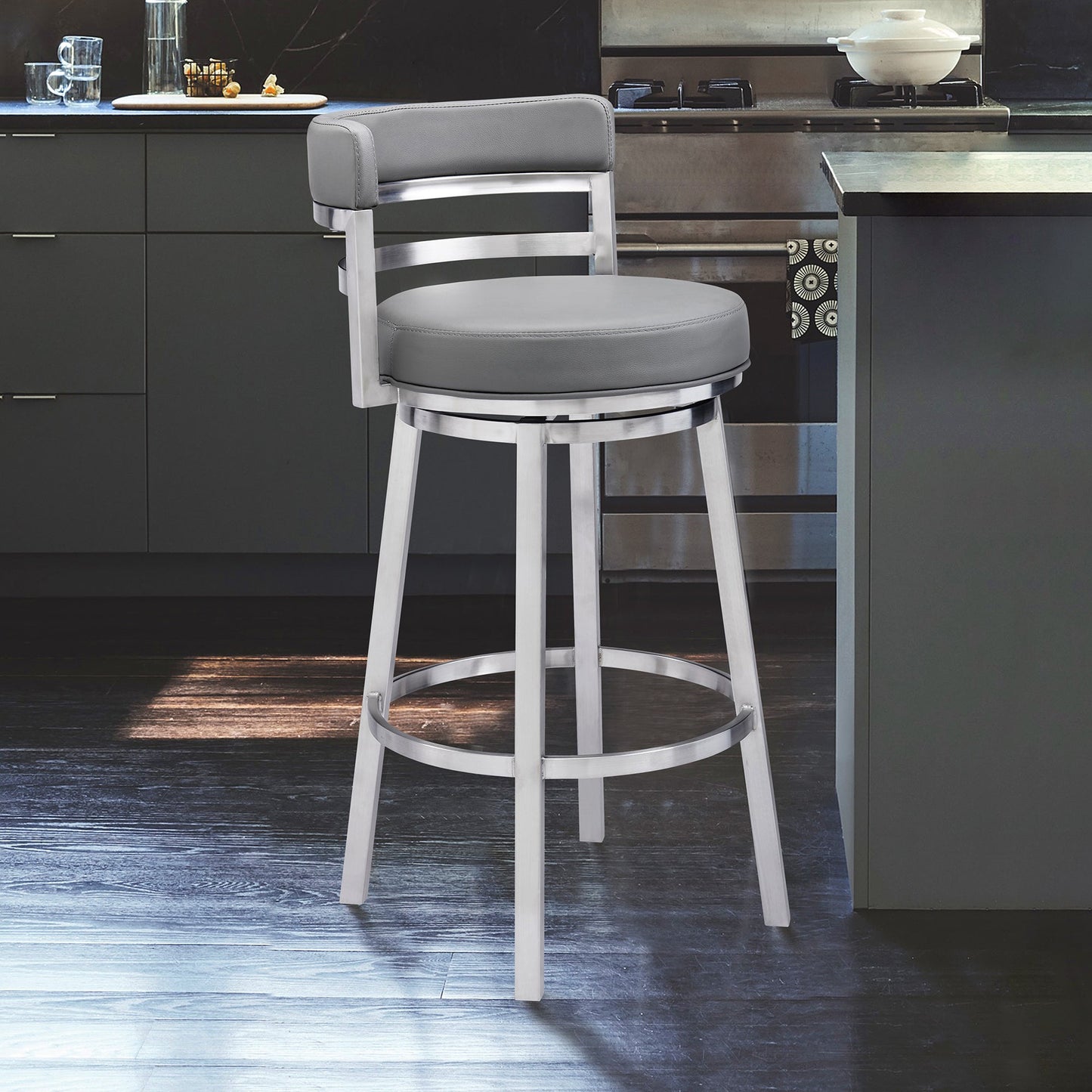 Madrid 26" Counter Height Swivel Gray Faux Leather and Brushed Stainless Steel Bar Stool