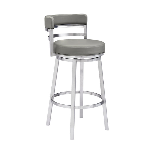 Madrid 30" Bar Height Swivel Gray Faux Leather and Brushed Stainless Steel Bar Stool