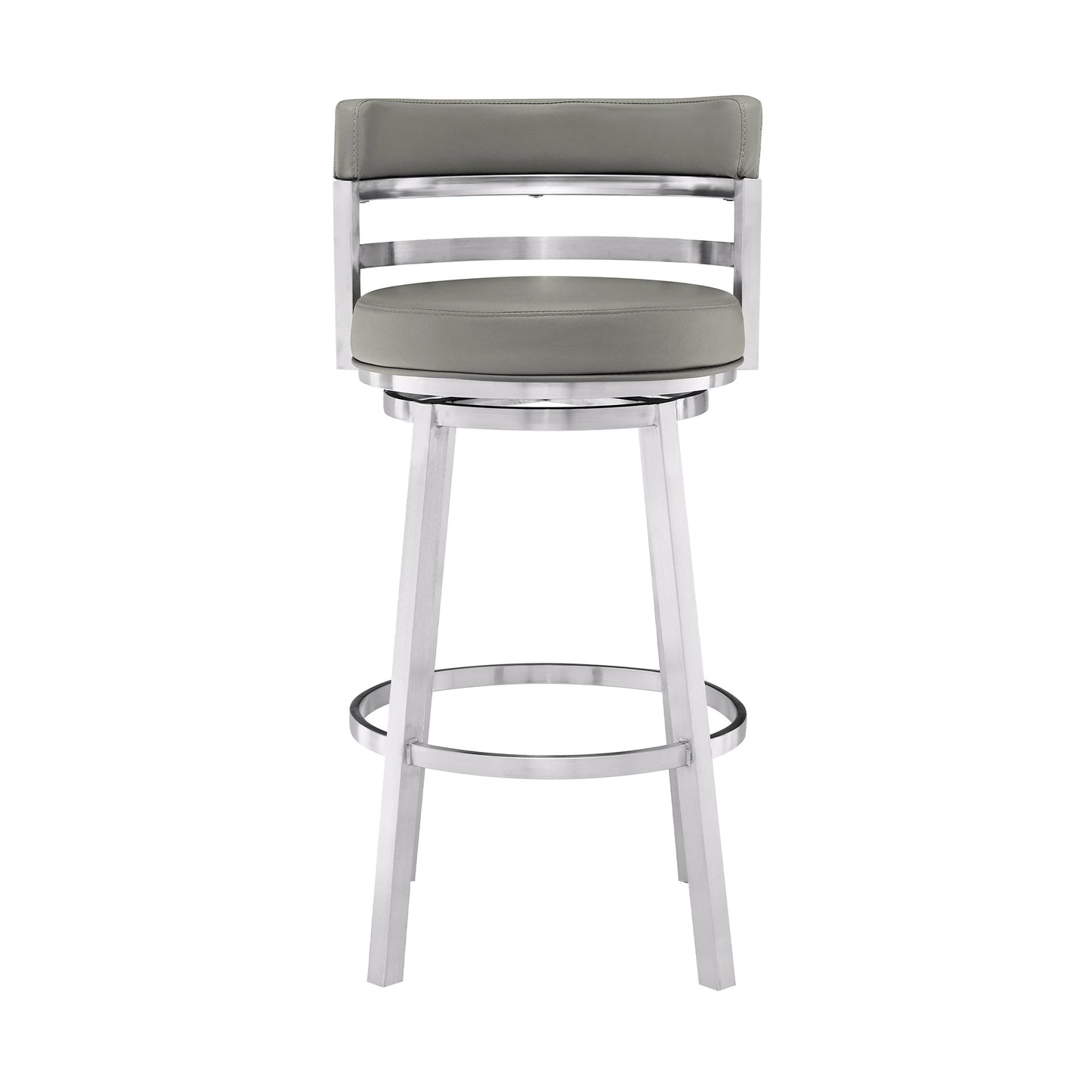 Madrid 30" Bar Height Swivel Gray Faux Leather and Brushed Stainless Steel Bar Stool