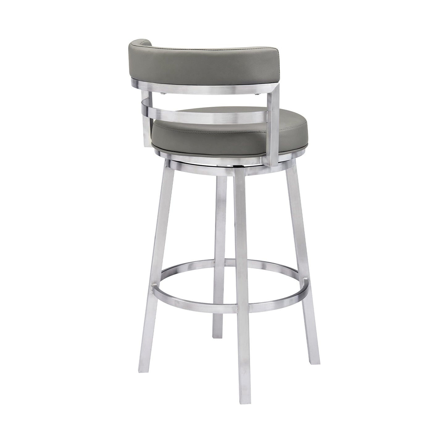 Madrid 30" Bar Height Swivel Gray Faux Leather and Brushed Stainless Steel Bar Stool