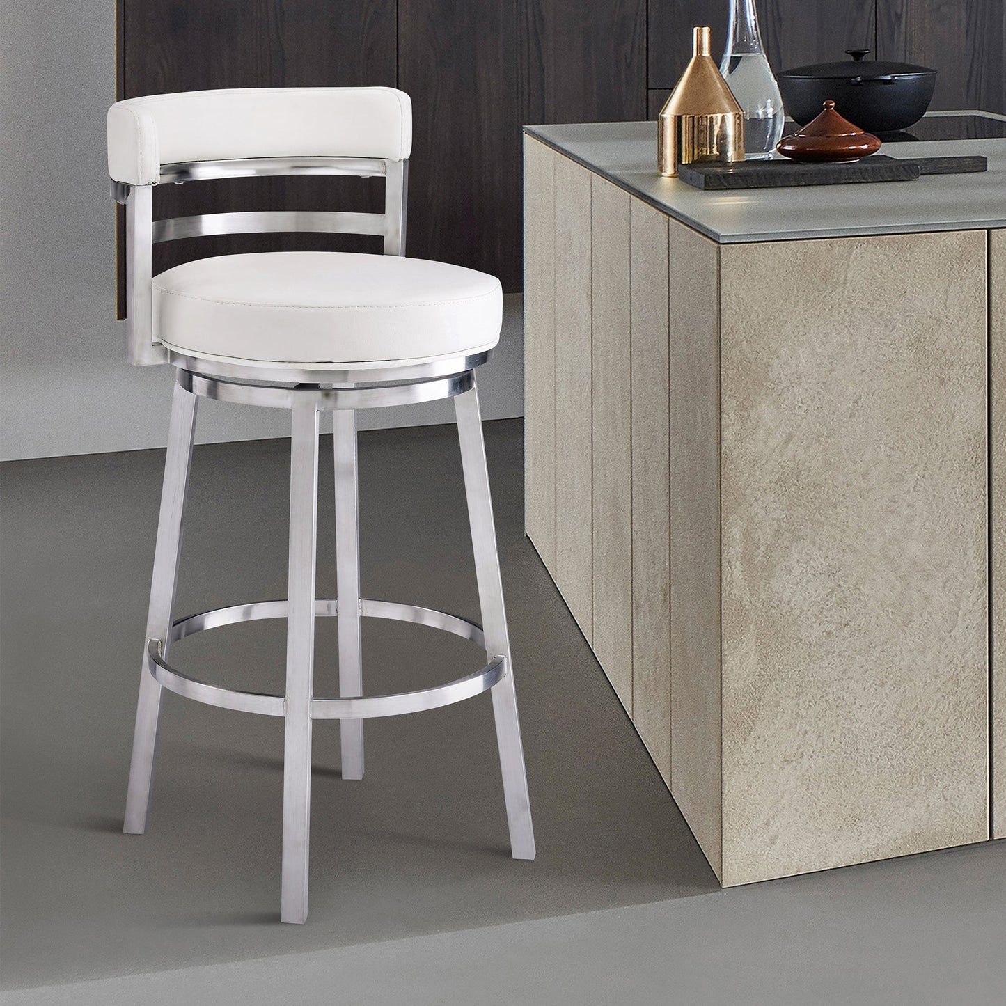 Madrid 26" Counter Height Swivel White Faux Leather and Brushed Stainless Steel Bar Stool