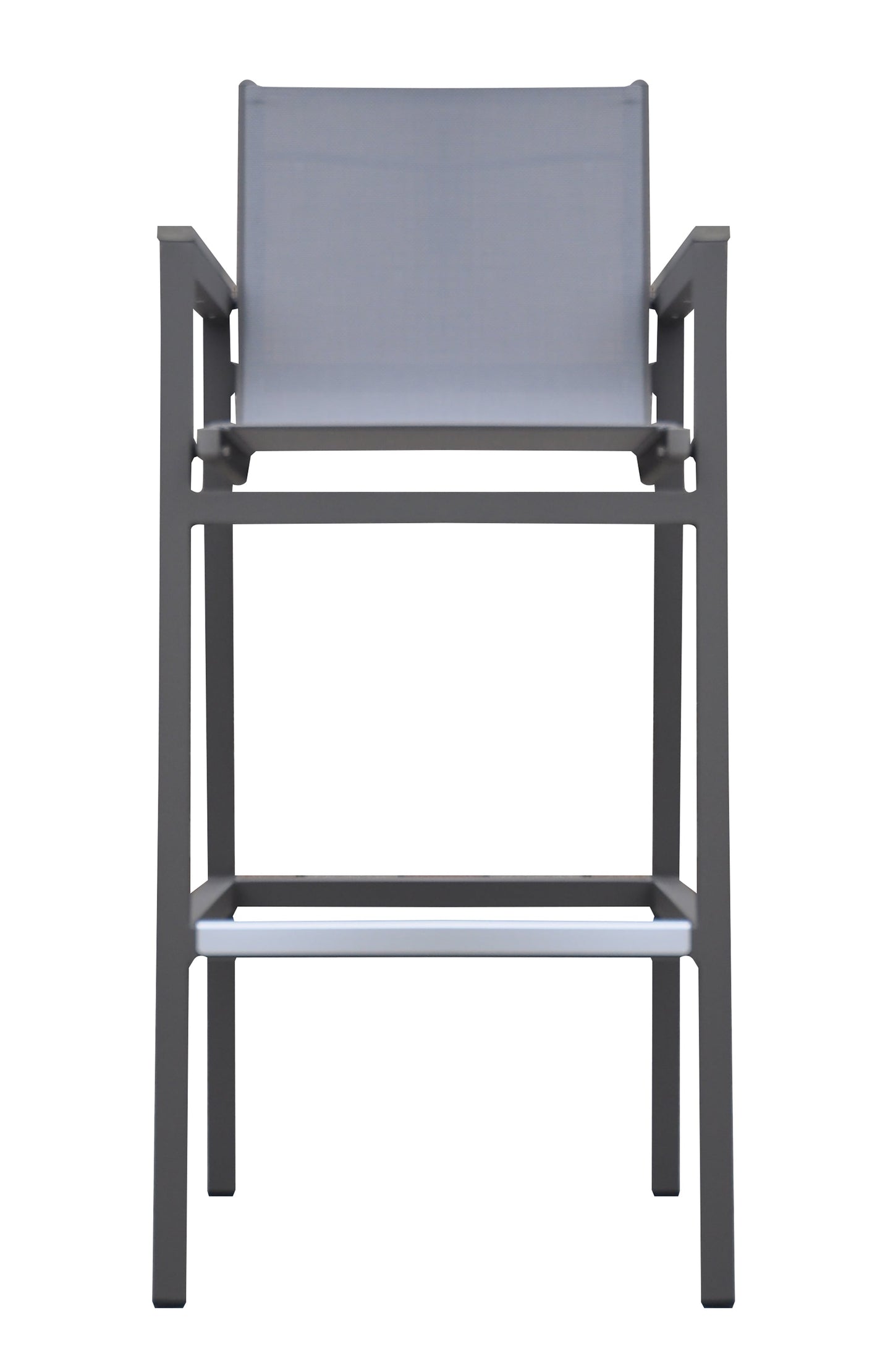 Marina Outdoor Patio Barstool in Gray Powder Coated Finish with Gray Sling Textilene and Gray Wood Accent Arms