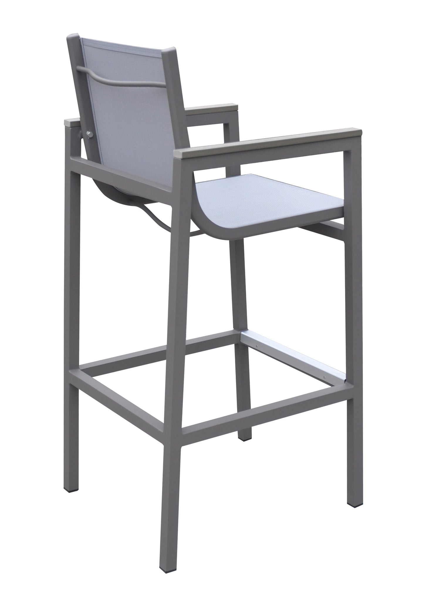 Marina Outdoor Patio Barstool in Gray Powder Coated Finish with Gray Sling Textilene and Gray Wood Accent Arms