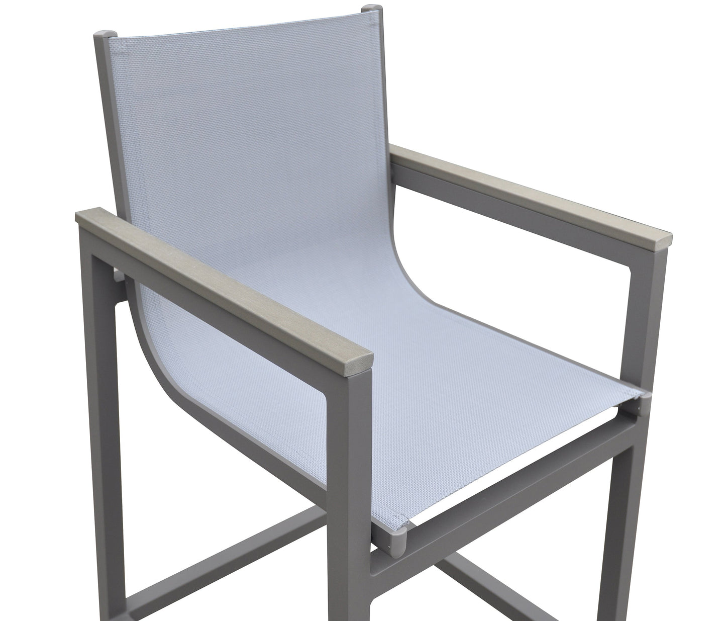 Marina Outdoor Patio Barstool in Gray Powder Coated Finish with Gray Sling Textilene and Gray Wood Accent Arms