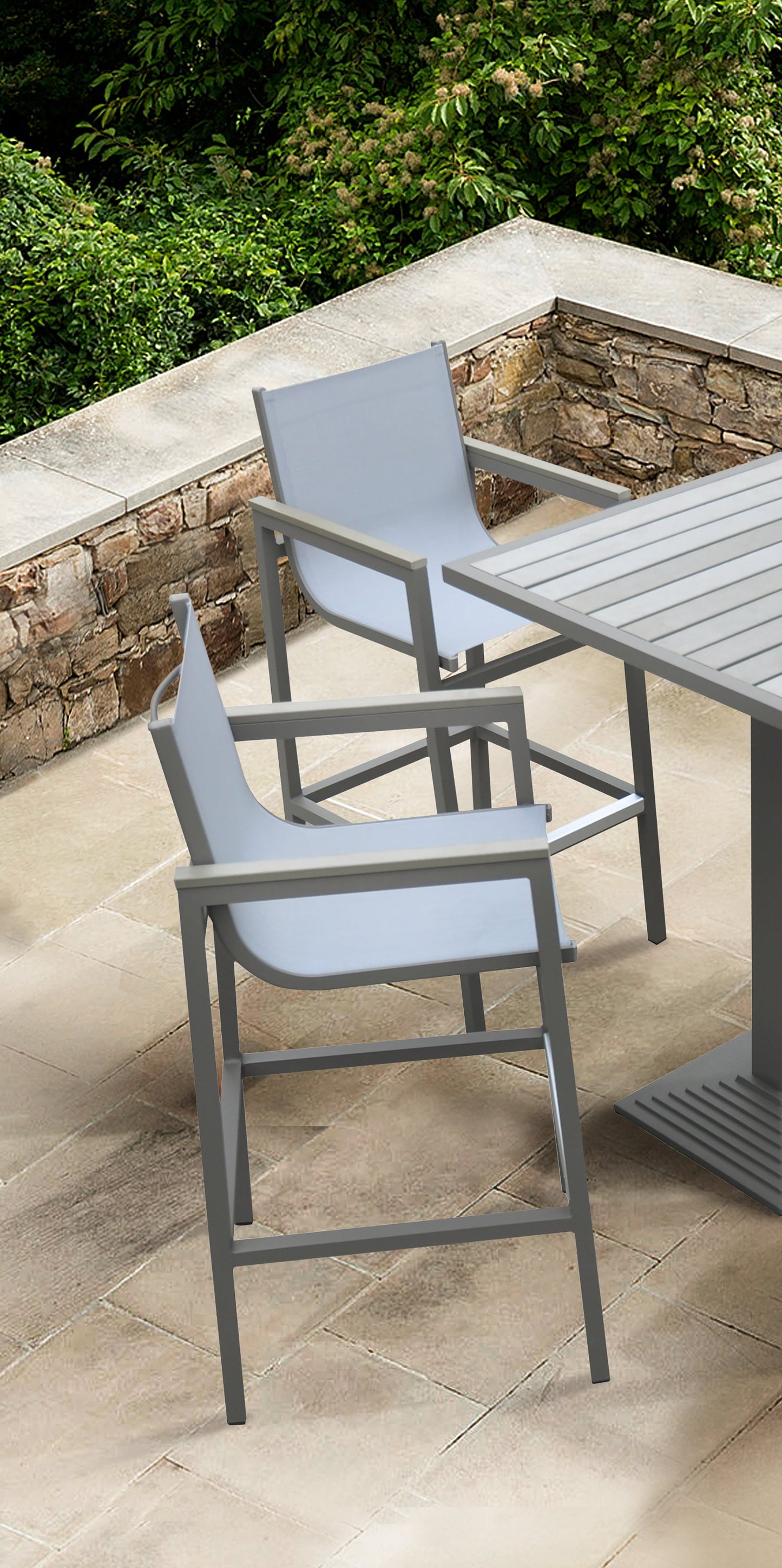 Marina Outdoor Patio Barstool in Gray Powder Coated Finish with Gray Sling Textilene and Gray Wood Accent Arms