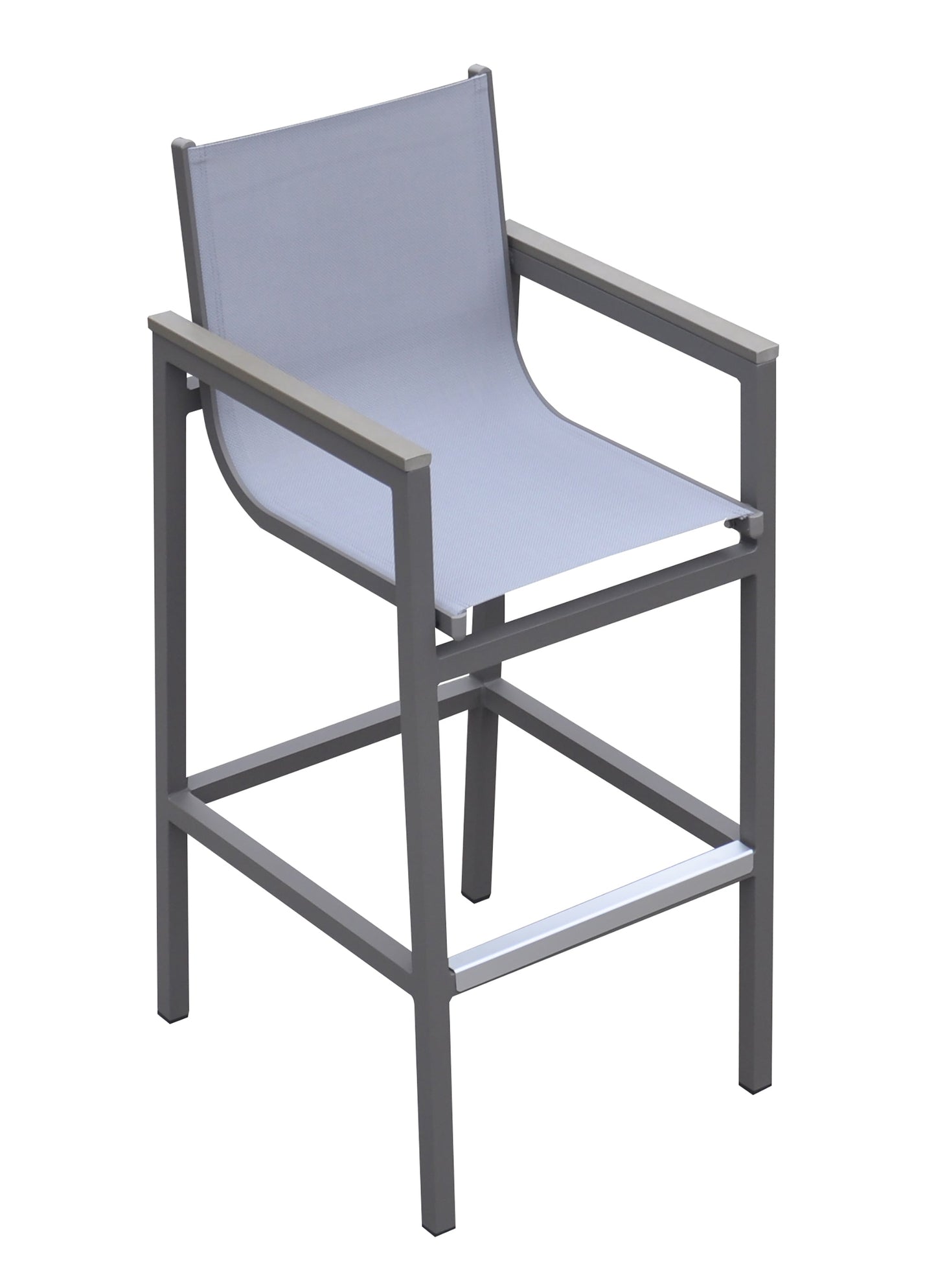 Marina Outdoor Patio Barstool in Gray Powder Coated Finish with Gray Sling Textilene and Gray Wood Accent Arms