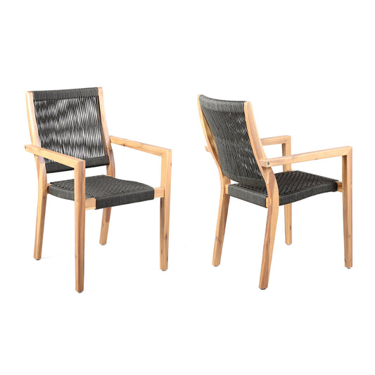 Madsen Outdoor Eucalyptus Wood and Charcoal Rope Dining Chairs with Gray Teak Finish - Set of 2