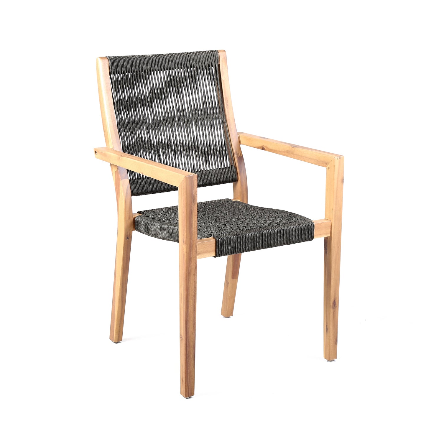 Madsen Outdoor Eucalyptus Wood and Charcoal Rope Dining Chairs with Teak Finish - Set of 2