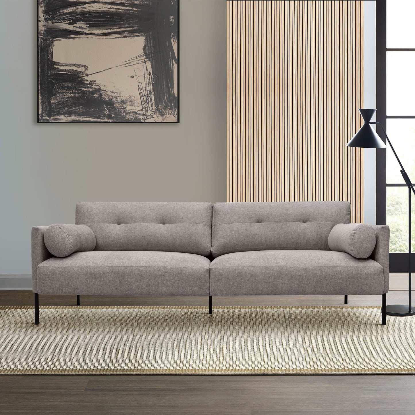 Michalina 84" Gray Fabric Sofa with Black Metal Legs