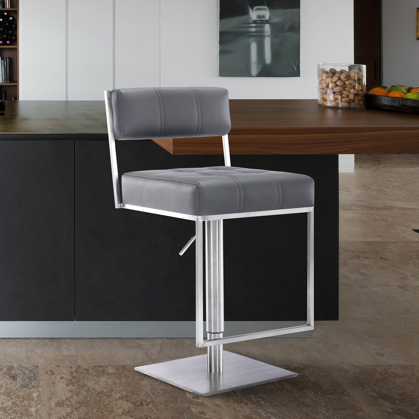 Michele Swivel Adjustable Height Gray Faux Leather and Brushed Stainless Steel Bar Stool