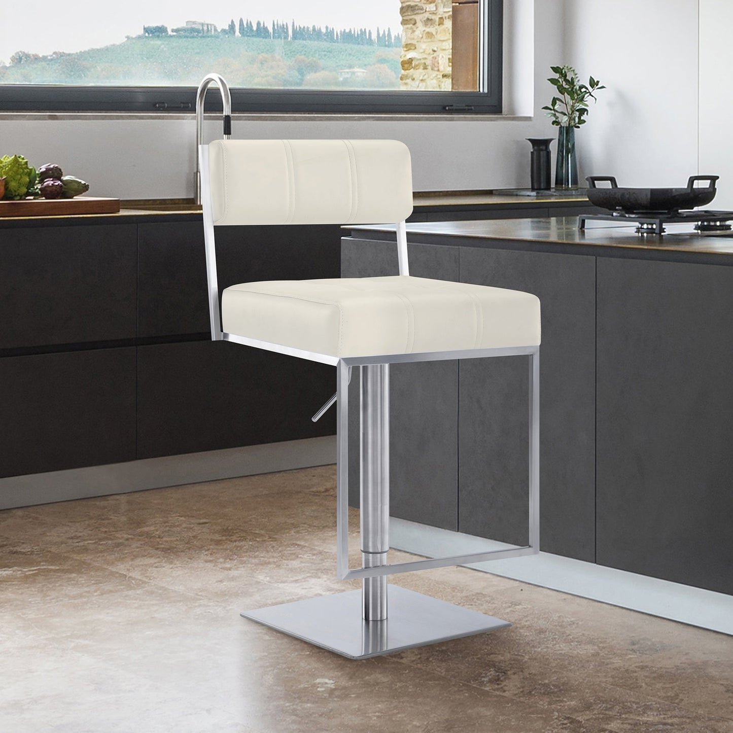 Michele Swivel Adjustable Height Off-White Faux Leather and Brushed Stainless Steel Bar Stool