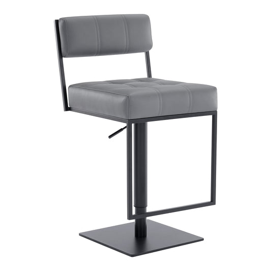 Michele Swivel Adjustable Height Gray Faux Leather and Black Metal Bar Stool