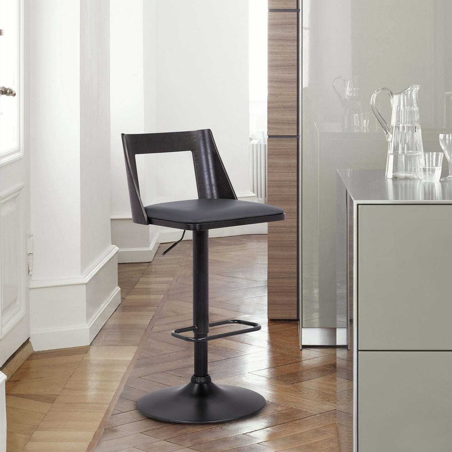 Milan Adjustable Swivel Gray Faux Leather and Black Wood Bar Stool with Black Base