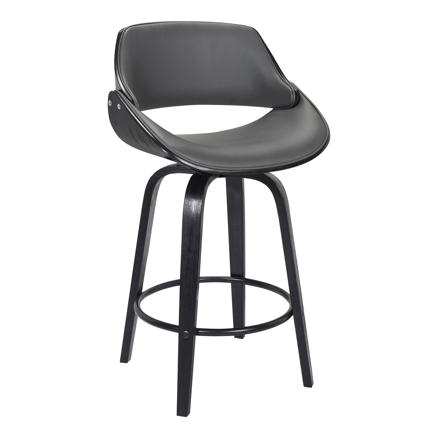 Mona 26" Counter Height Swivel Gray Faux Leather and Black Wood Bar Stool