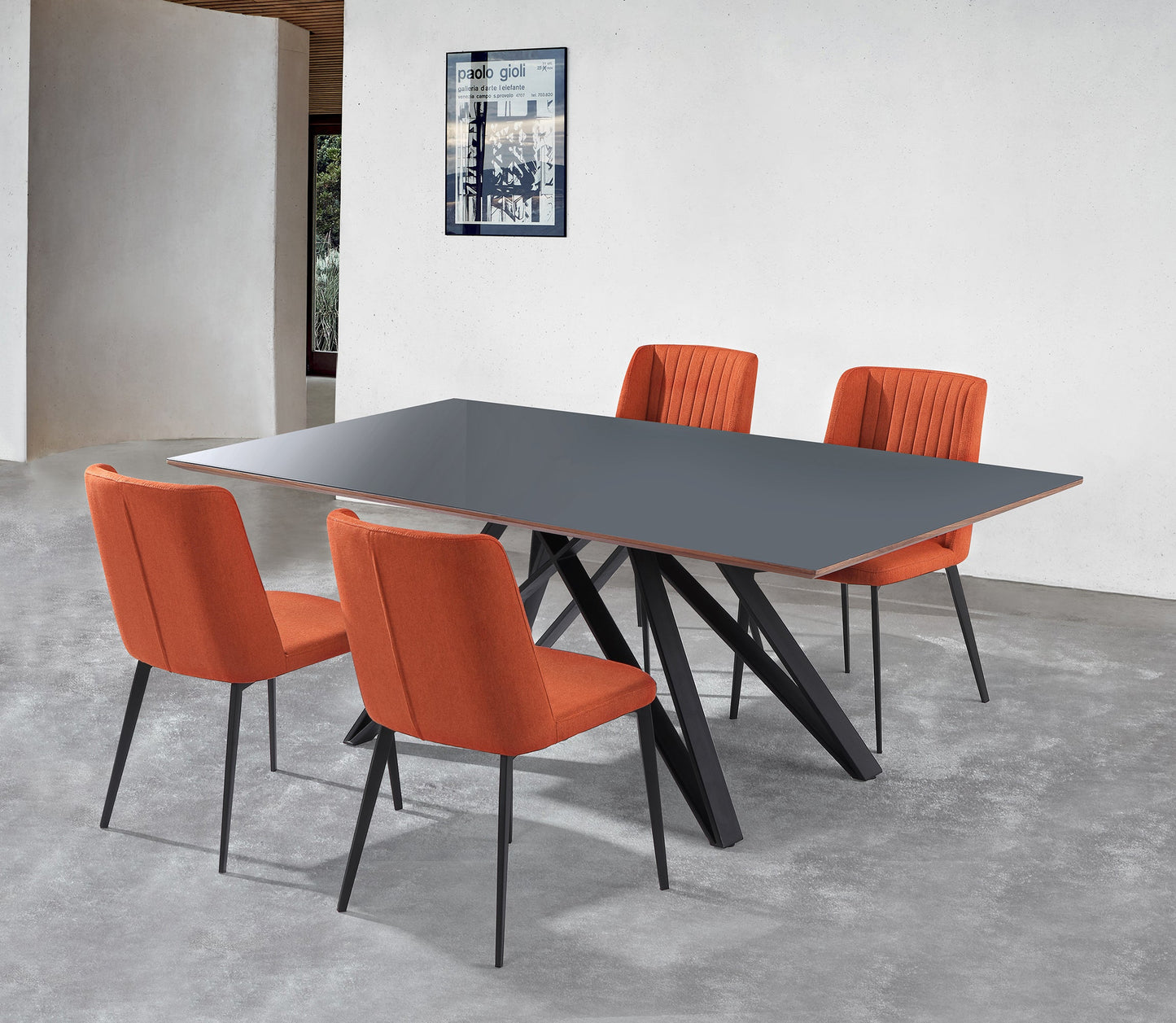 Maine Contemporary Dining Chair in Matte Black Finish and Orange Fabric - Set of 2