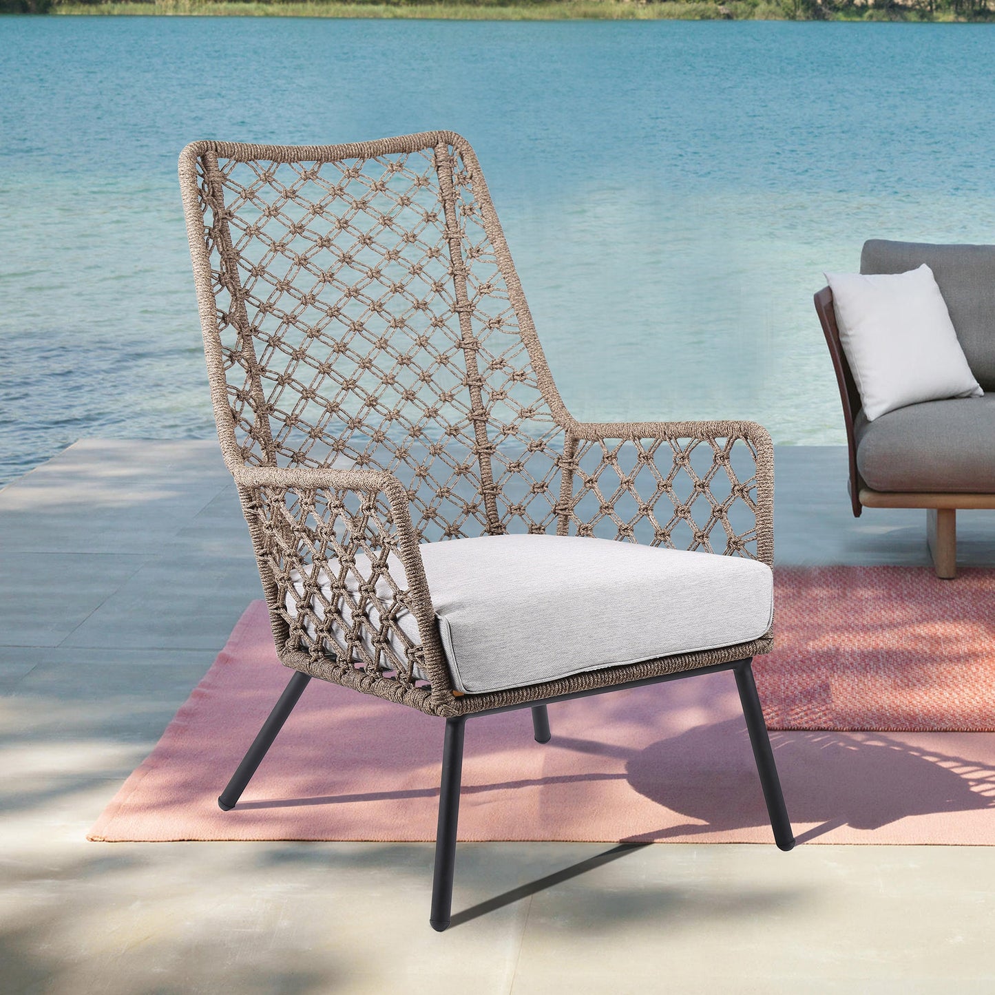 Marco Indoor Outdoor Steel Lounge Chair with Truffle Rope and Gray Cushion