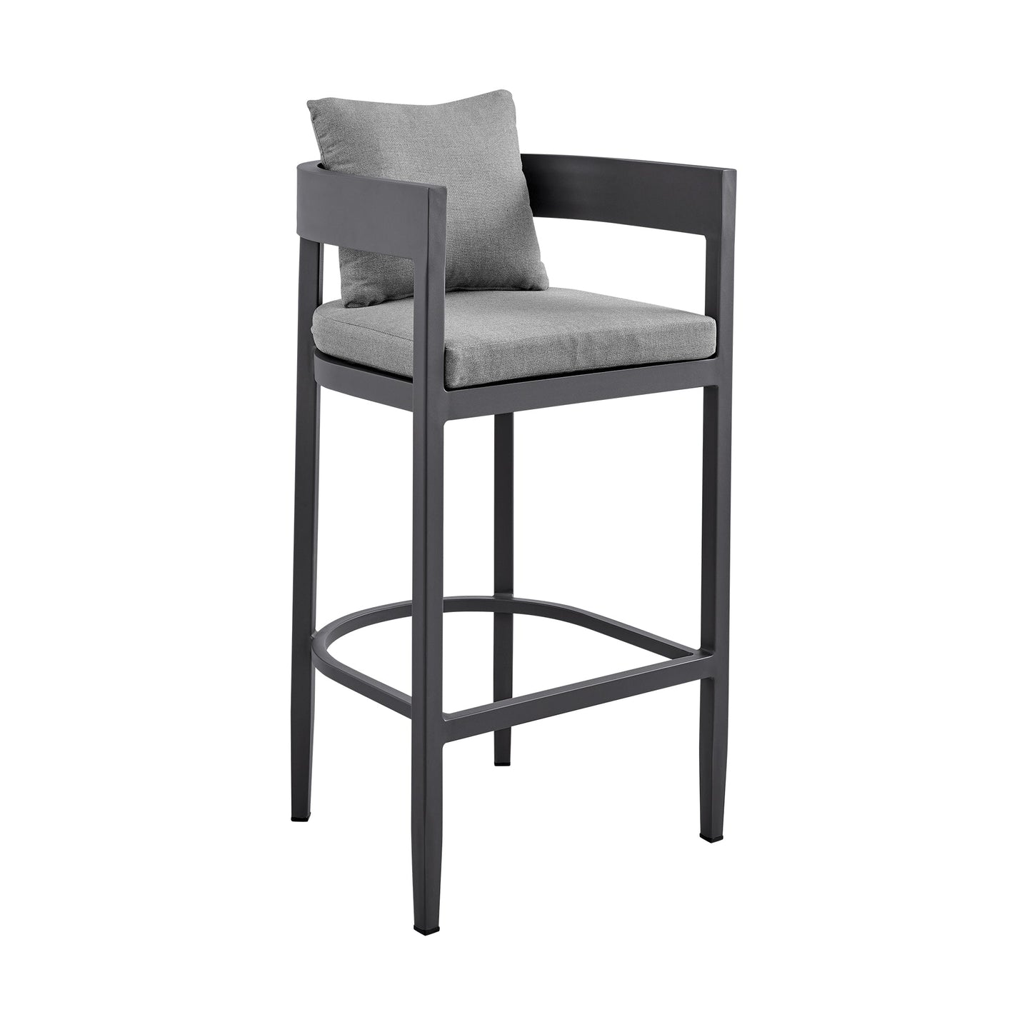 Menorca Outdoor Patio Counter Height Bar Stool in Aluminum with Gray Cushions