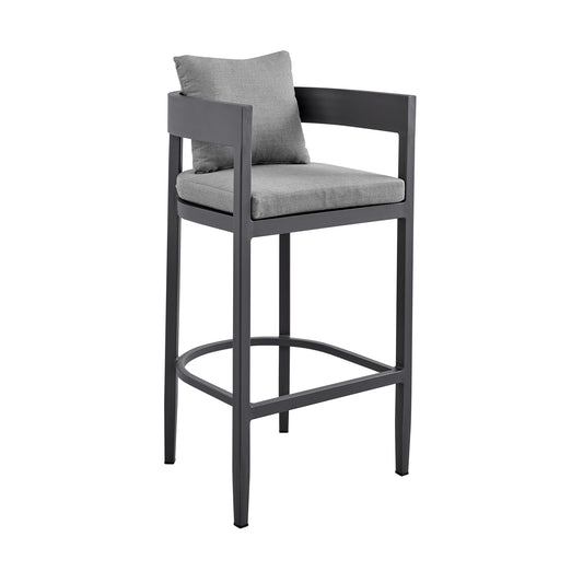 Menorca Outdoor Patio Bar Stool in Aluminum with Gray Cushions