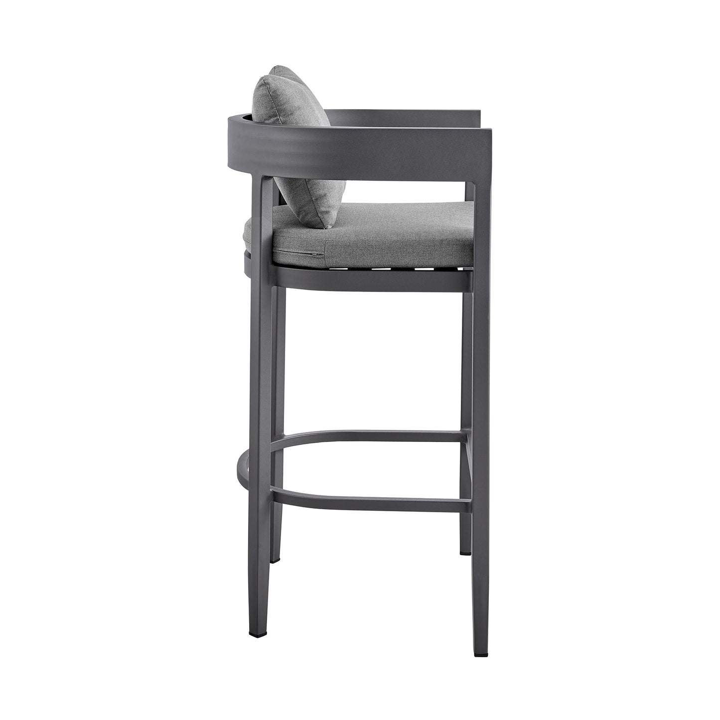 Menorca Outdoor Patio Bar Stool in Aluminum with Gray Cushions