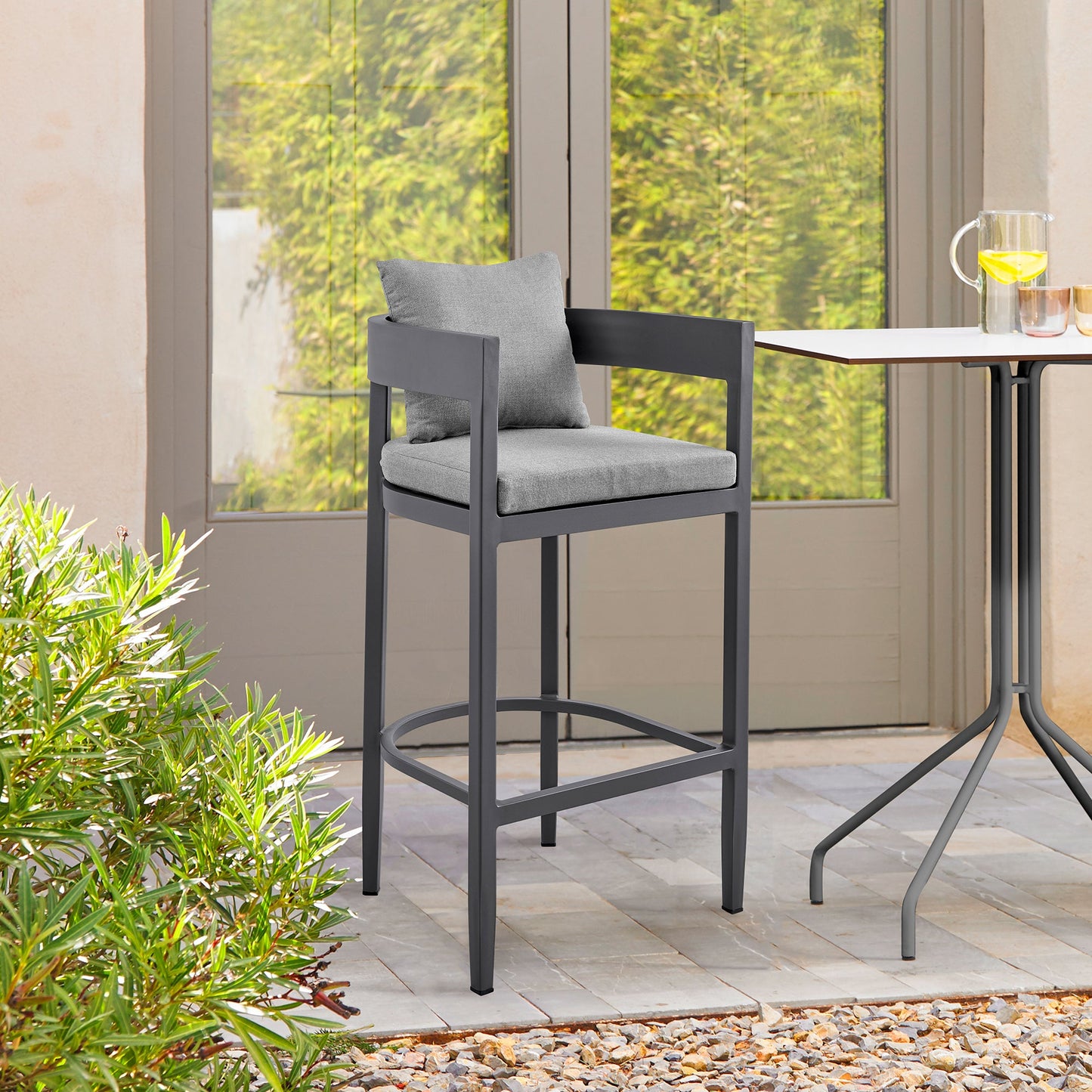 Menorca Outdoor Patio Bar Stool in Aluminum with Gray Cushions