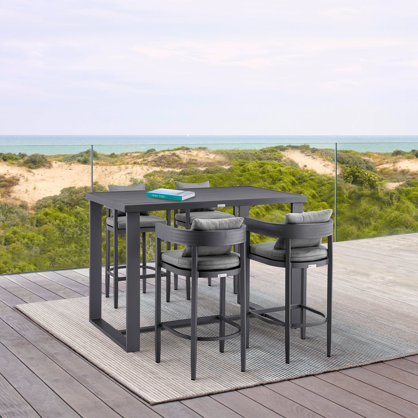 Menorca Outdoor Patio Bar Stool in Aluminum with Gray Cushions