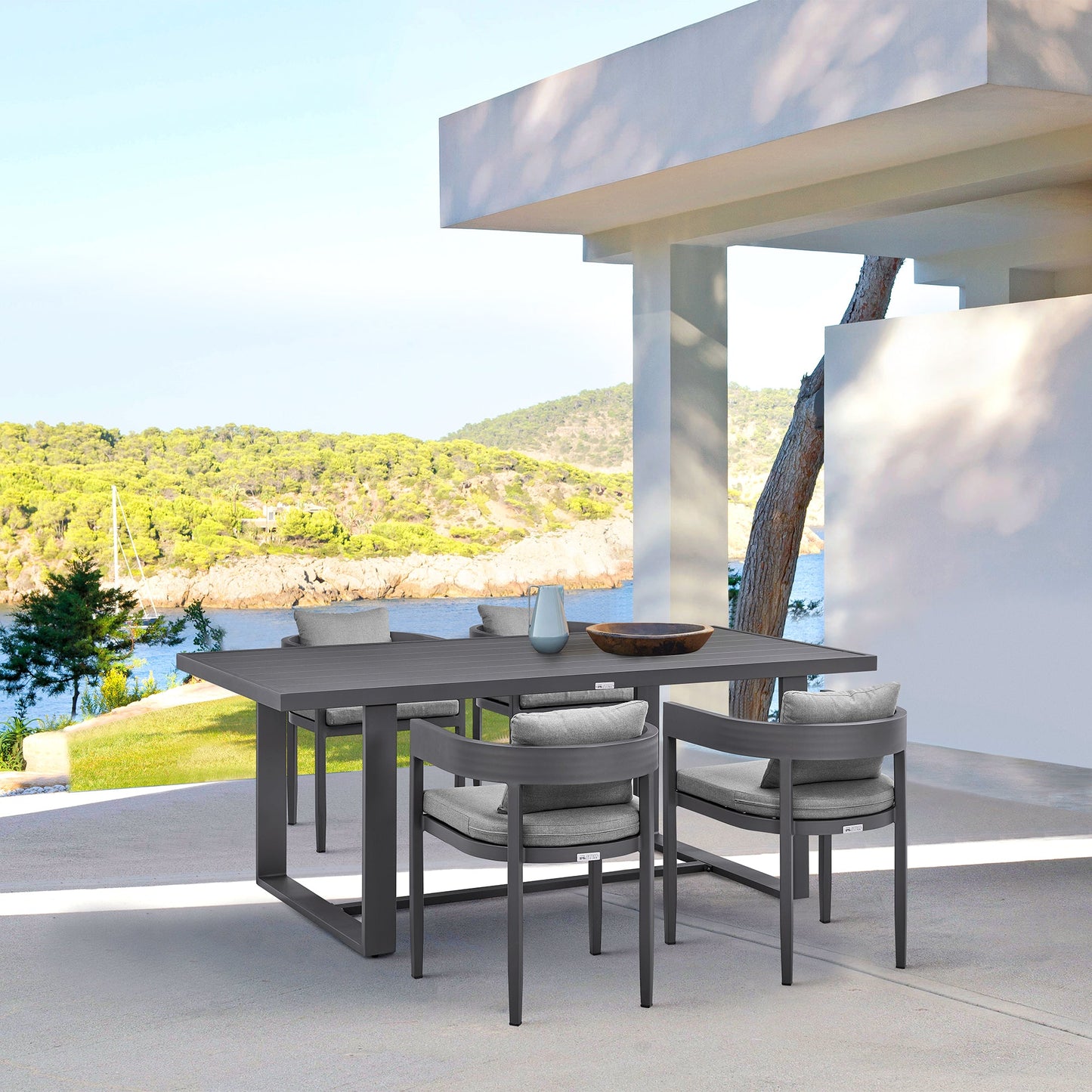 Menorca Outdoor Patio Dining Chairs in Aluminum with Gray Cushions - Set of 2