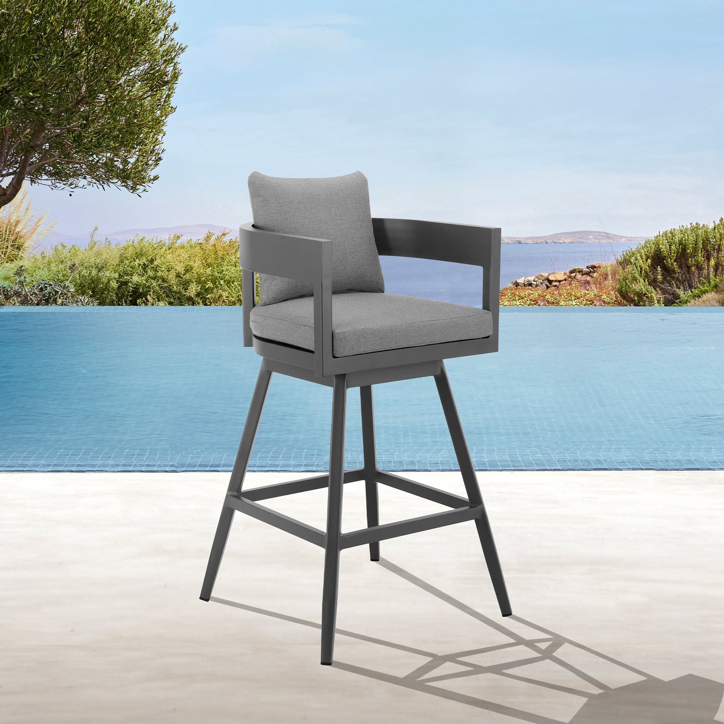 Menorca Outdoor Patio Swivel Counter Stool in Aluminum with Gray Cushions