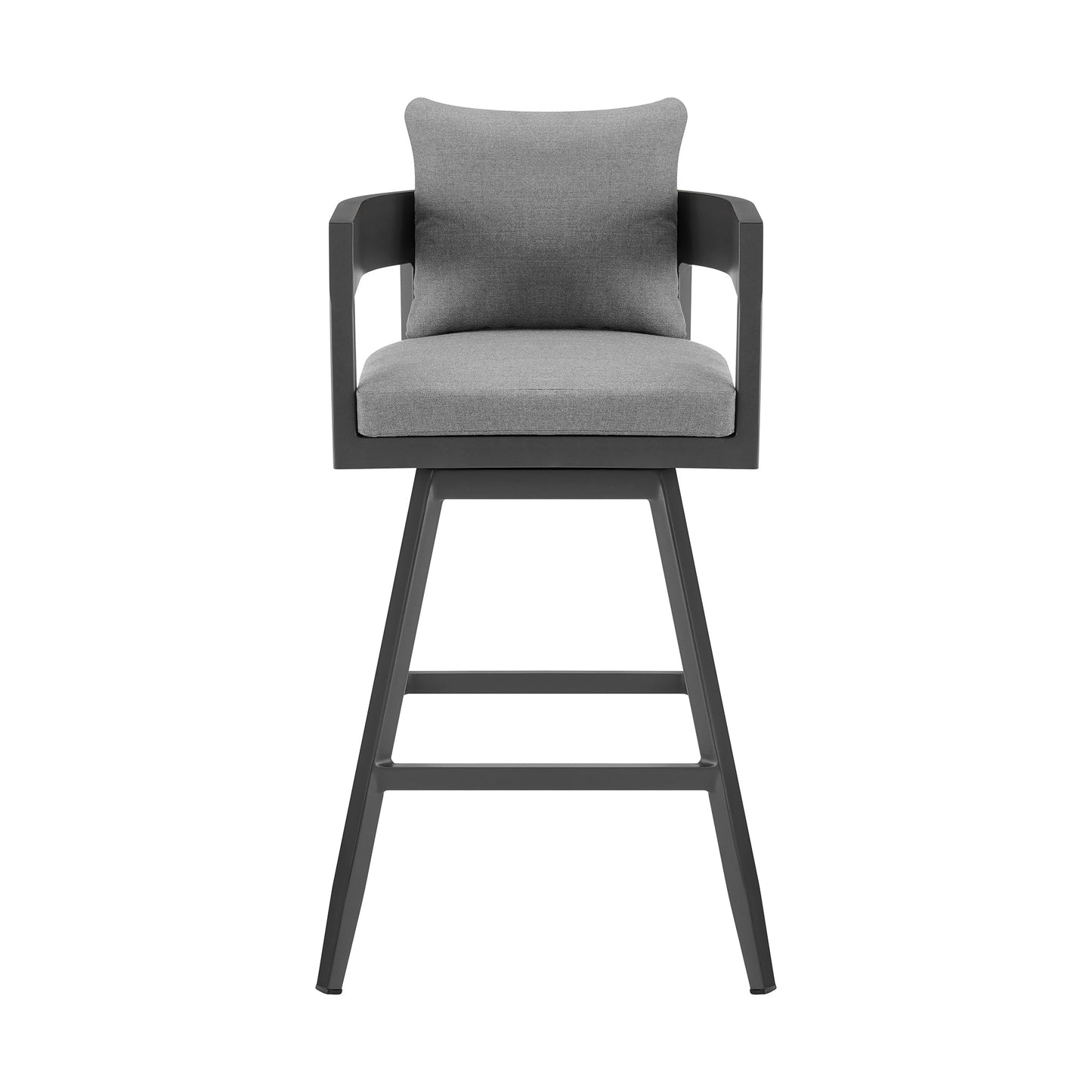 Menorca Outdoor Patio Swivel Bar Stool in Aluminum with Gray Cushions