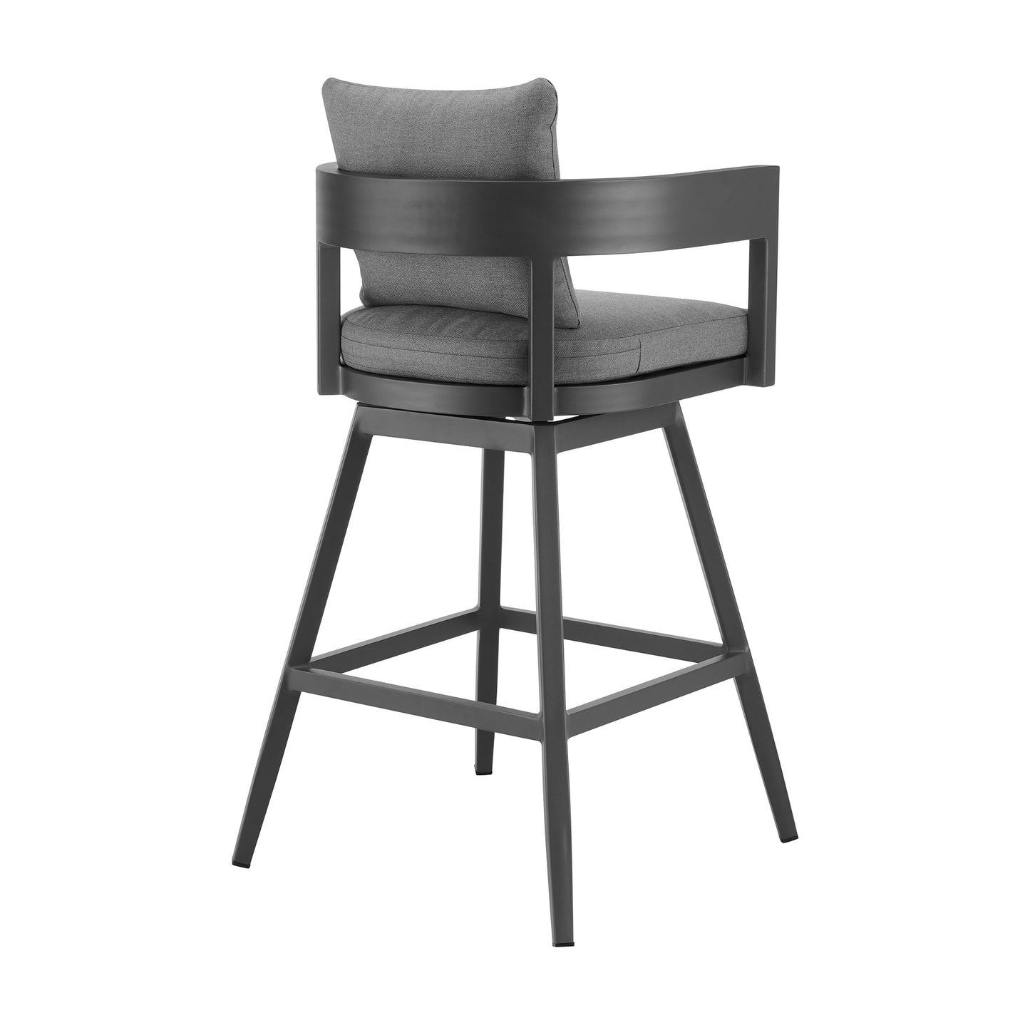 Menorca Outdoor Patio Swivel Bar Stool in Aluminum with Gray Cushions