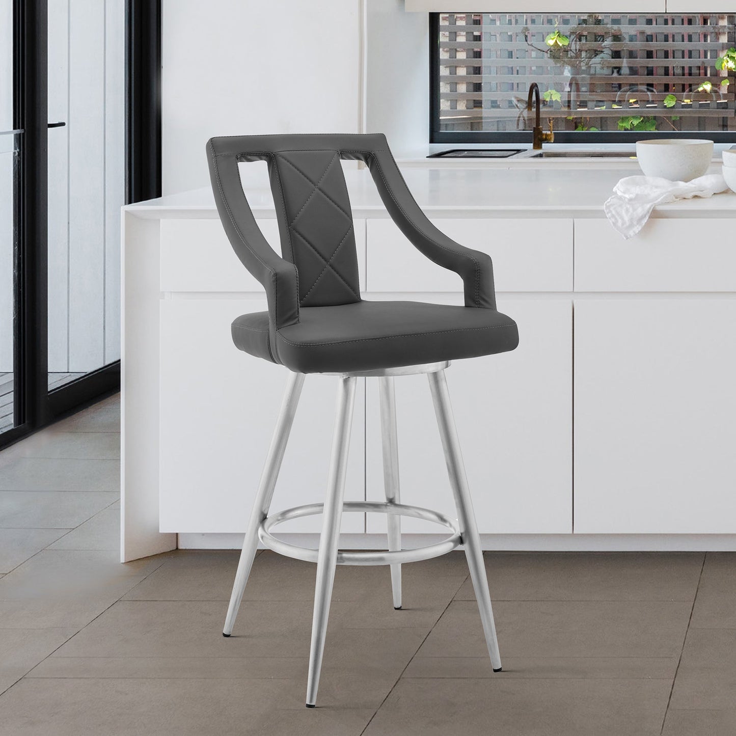 Maxen 26" Gray Faux Leather and Brushed Stainless Steel Swivel Bar Stool