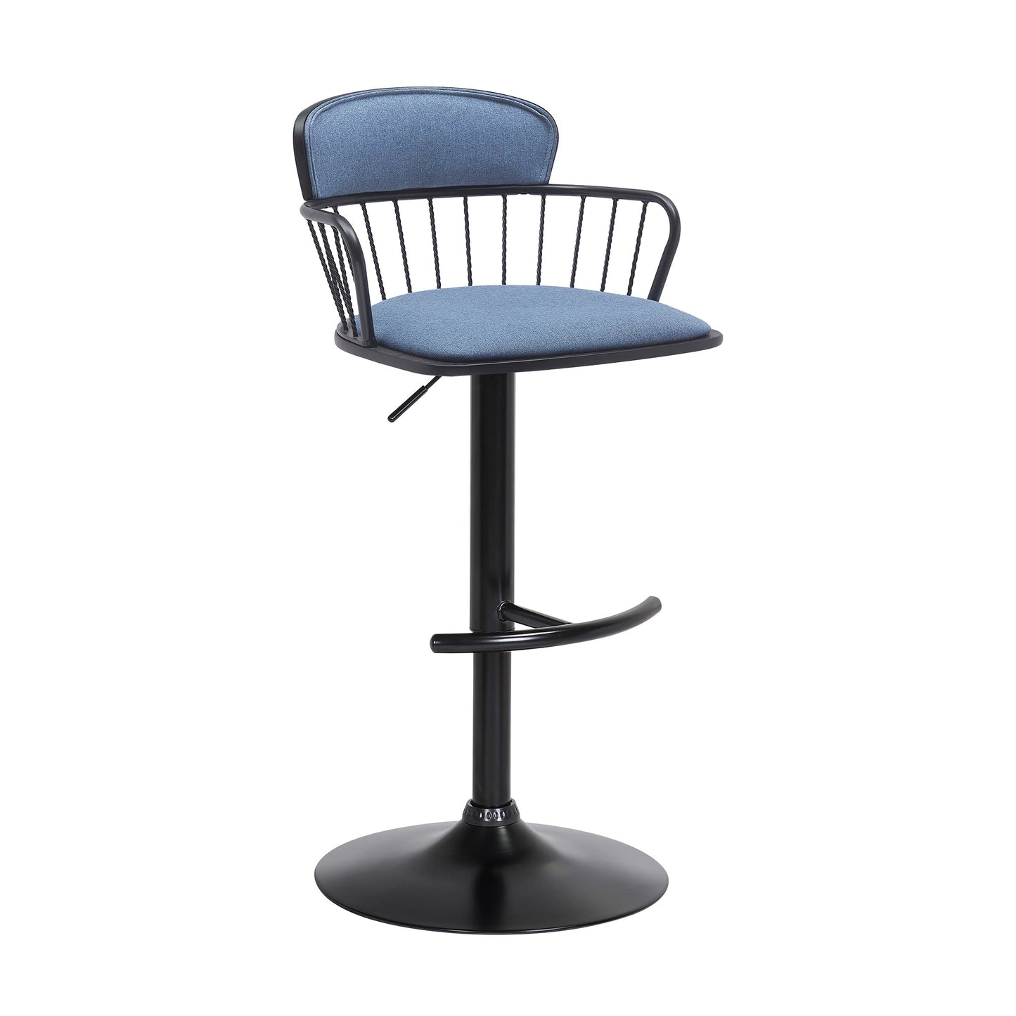 Nash Adjustable Black Wood Bar Stool in Blue Fabric with Black Metal