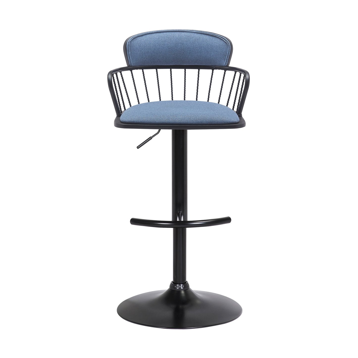 Nash Adjustable Black Wood Bar Stool in Blue Fabric with Black Metal