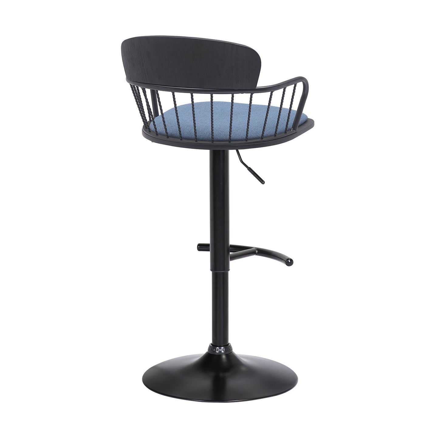 Nash Adjustable Black Wood Bar Stool in Blue Fabric with Black Metal