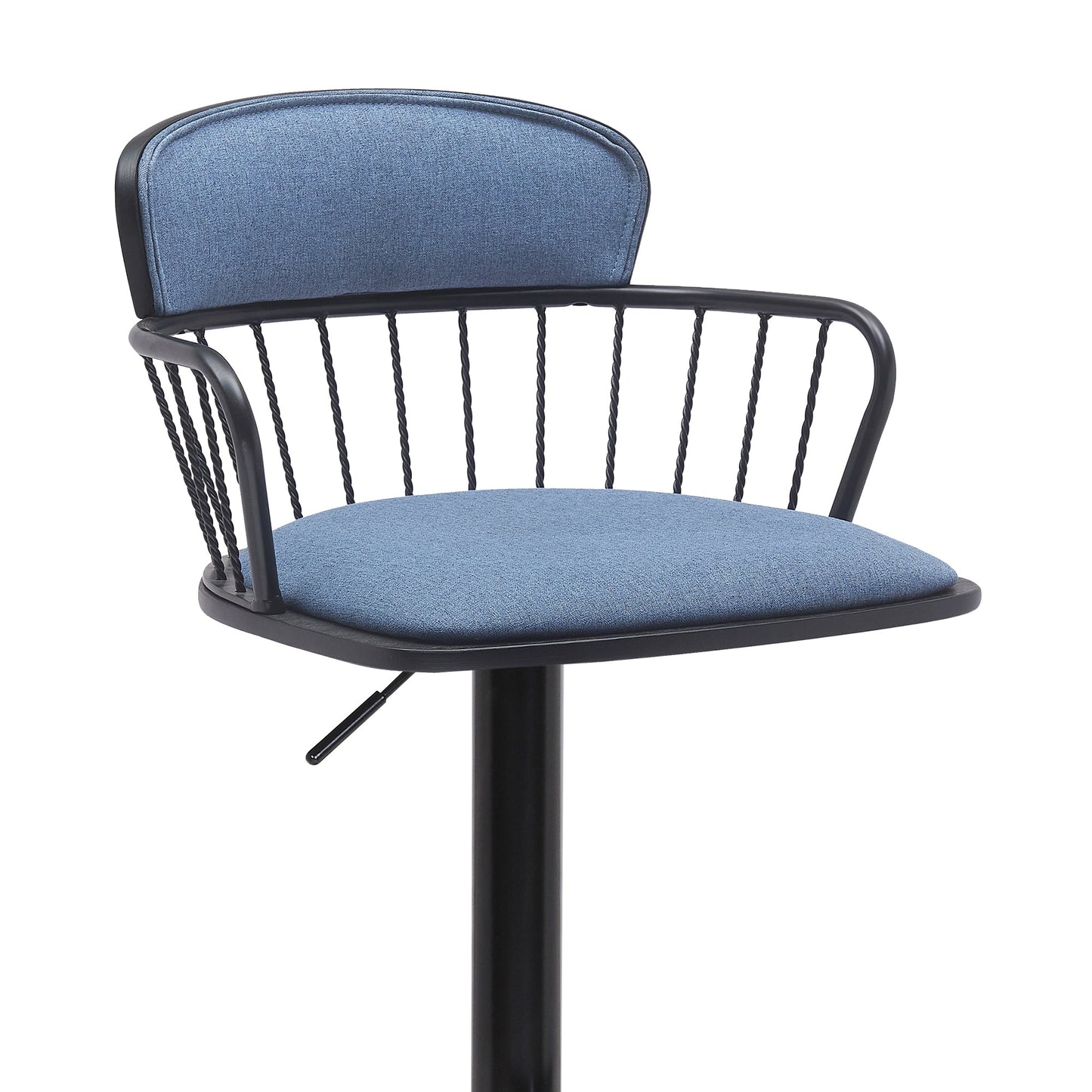 Nash Adjustable Black Wood Bar Stool in Blue Fabric with Black Metal