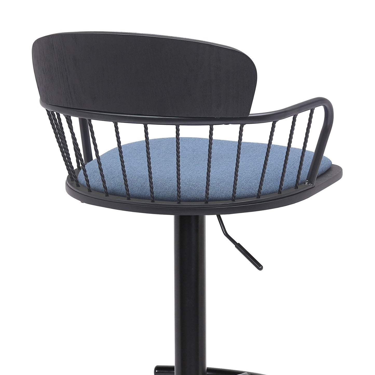 Nash Adjustable Black Wood Bar Stool in Blue Fabric with Black Metal