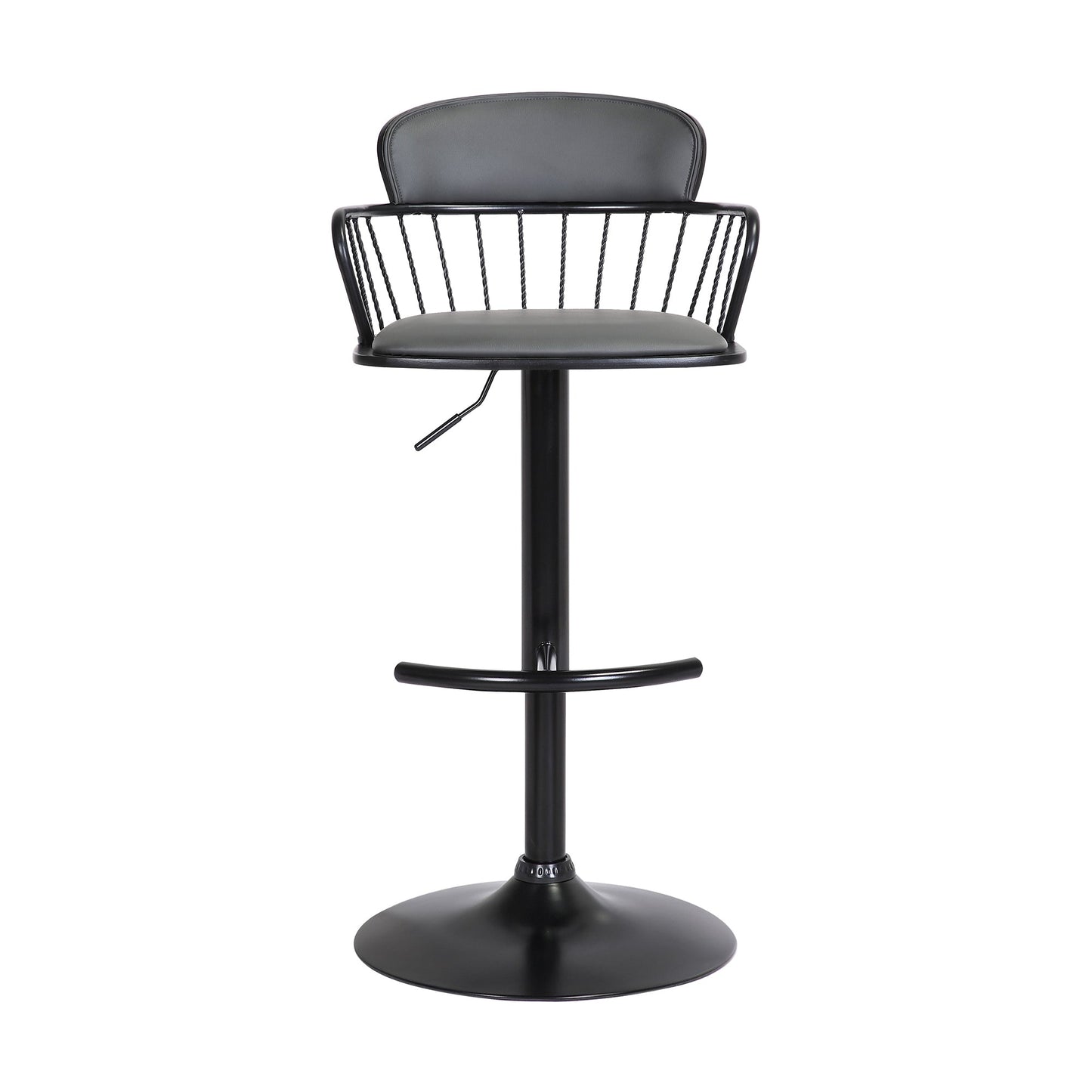 Nash Adjustable Black Wood Bar Stool in Gray Faux Leather with Black Metal