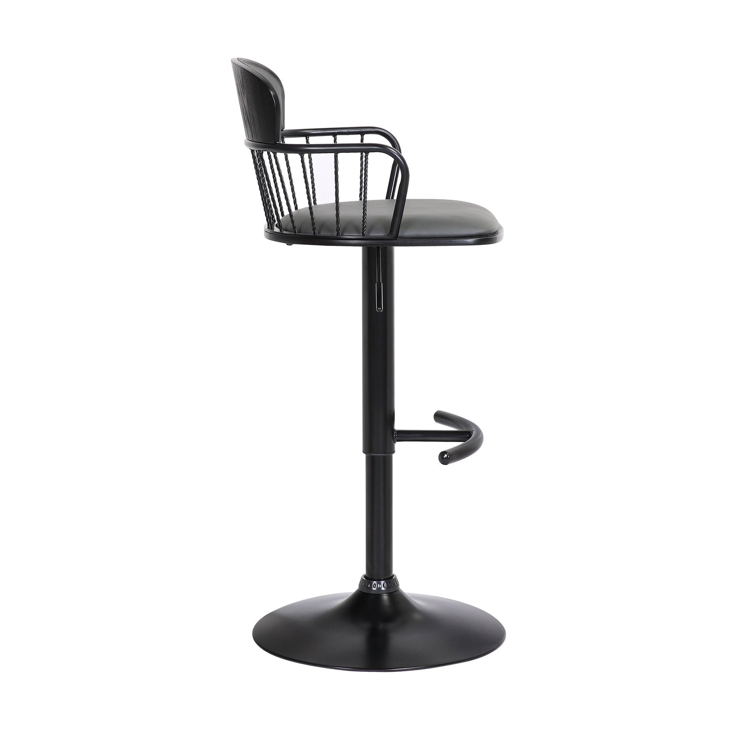 Nash Adjustable Black Wood Bar Stool in Gray Faux Leather with Black Metal