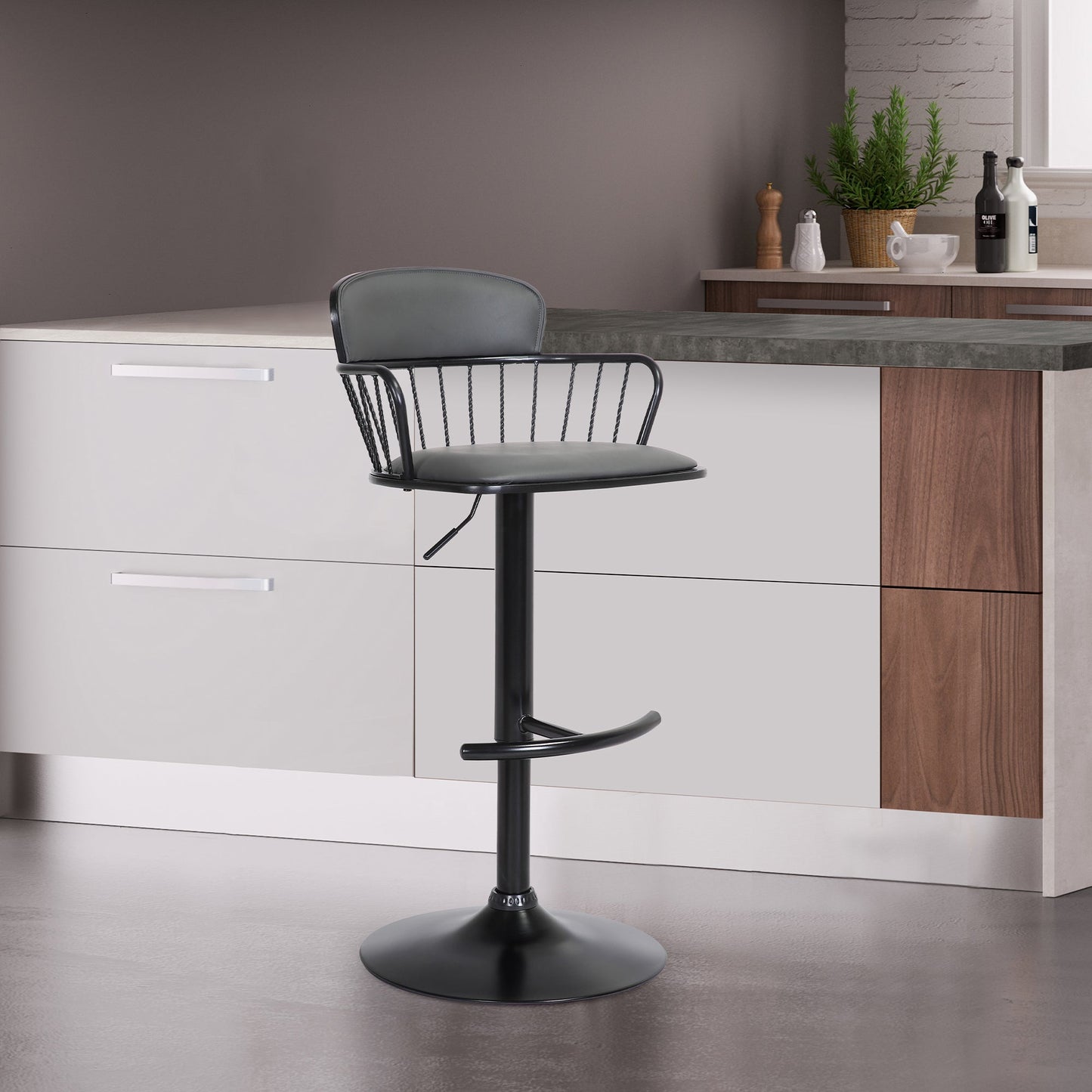 Nash Adjustable Black Wood Bar Stool in Gray Faux Leather with Black Metal