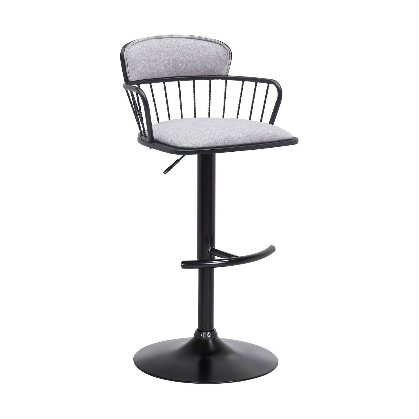 Nash Adjustable Black Wood Bar Stool in Light Gray Fabric with Black Metal