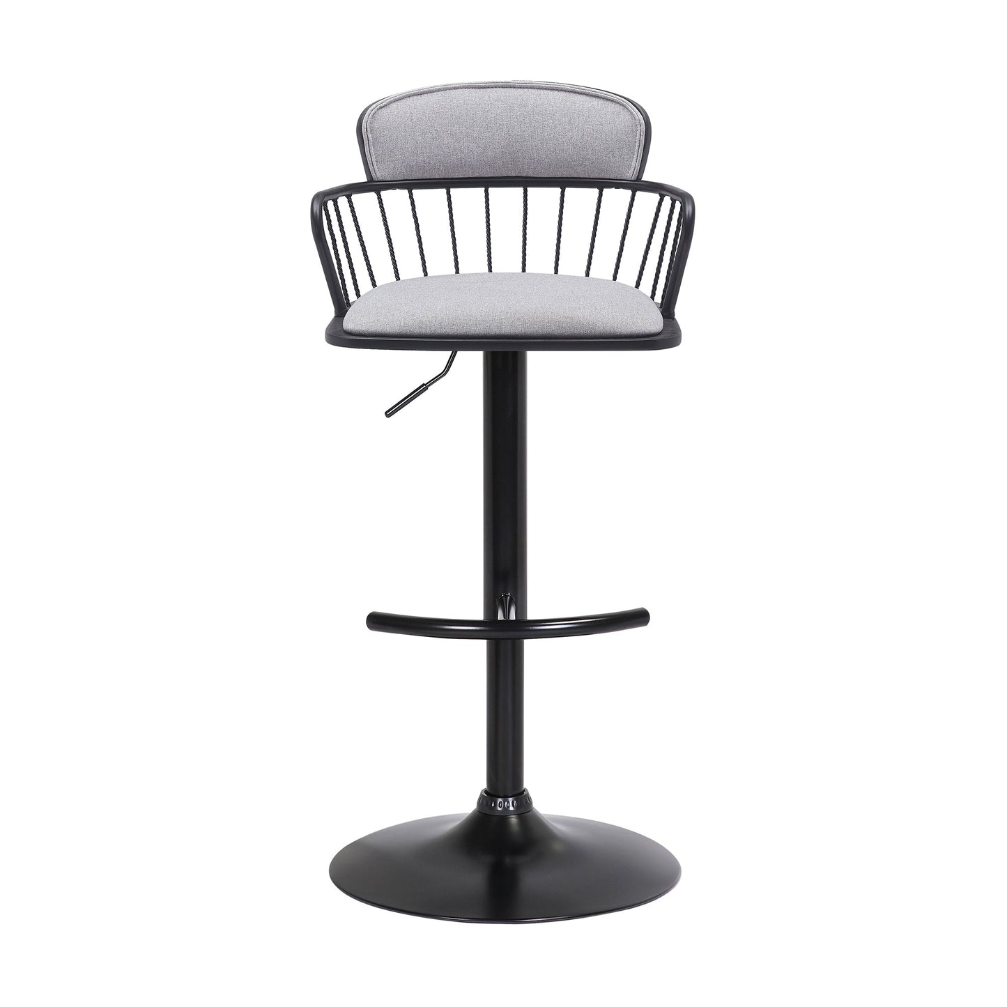 Nash Adjustable Black Wood Bar Stool in Light Gray Fabric with Black Metal