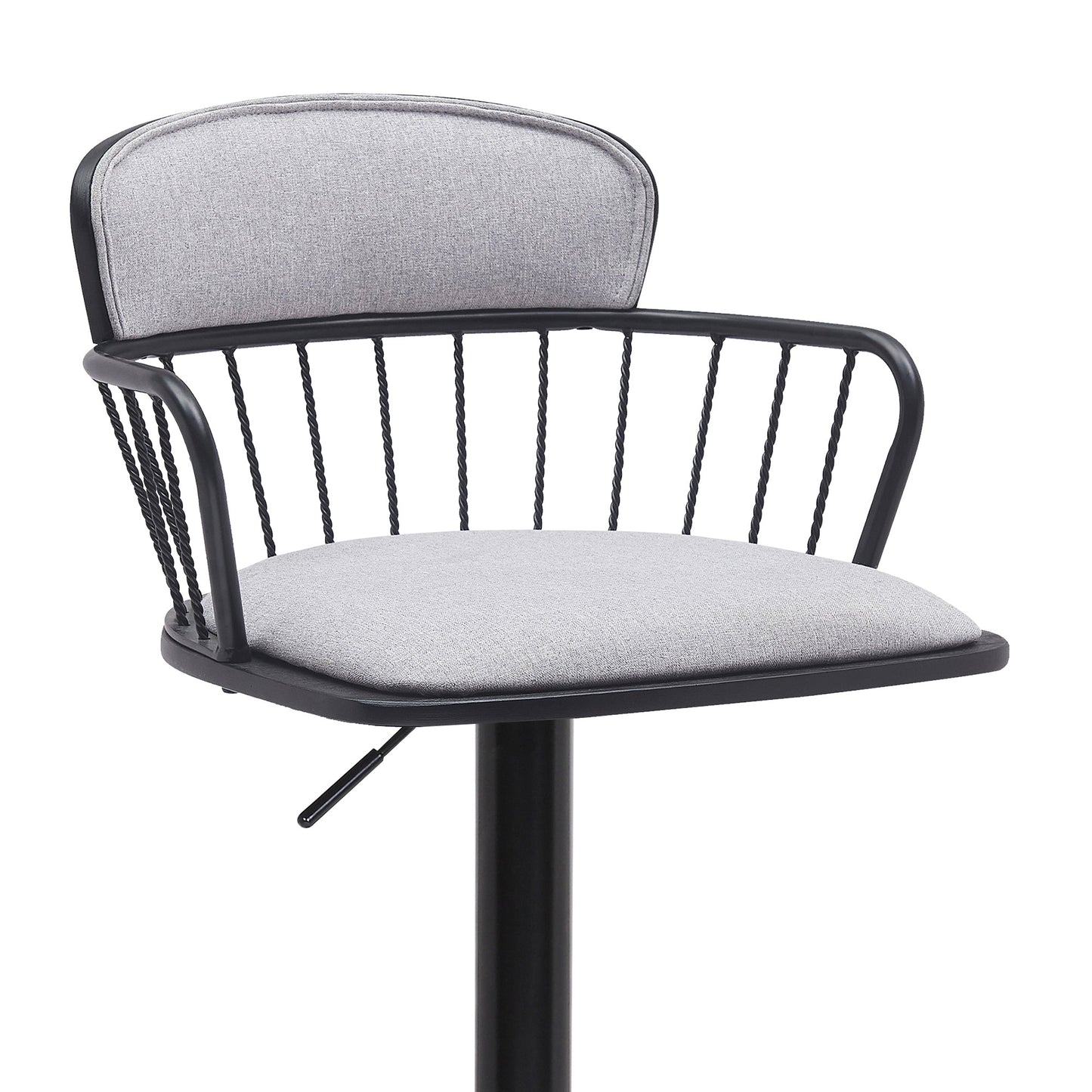 Nash Adjustable Black Wood Bar Stool in Light Gray Fabric with Black Metal