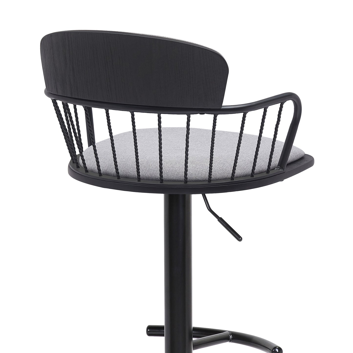 Nash Adjustable Black Wood Bar Stool in Light Gray Fabric with Black Metal