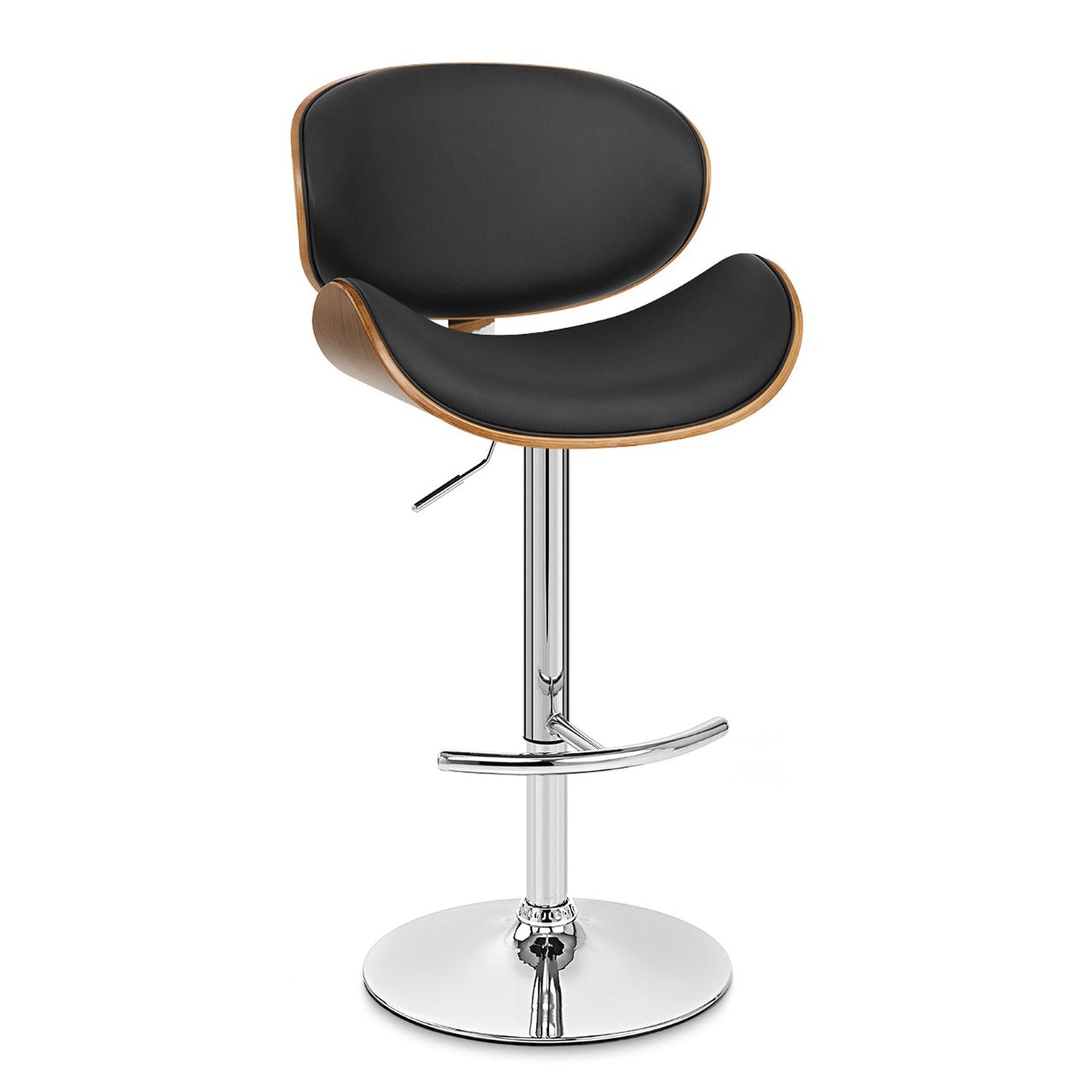 Naples Black Faux Leather Adjustable Height Swivel Walnut Wood and Chrome Base Bar Stool